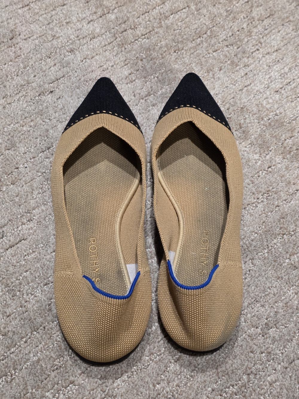 Rothy's Women's Pointed Toe Flat in Tan with Black Toe Cap